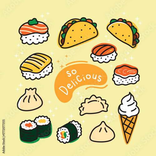 Food Doodle with Sushi, Taco, and Ice Cream 
