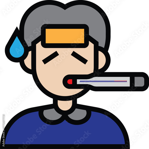 Person with Fever and Thermometer Icon, Measuring Body Temperature Icon