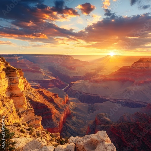 Picturesque Grand Canyon scene during sunset with stunning vibrant sky colors