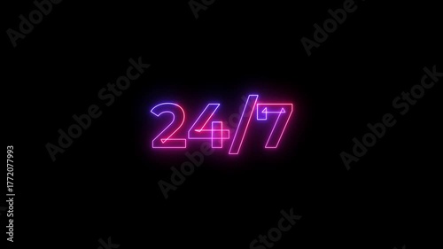 24/7 neon glowing text animation modern light typography motion graphic for service or business 4k.