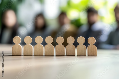 Teamwork Wooden Figures: Wooden figures representing people on a wooden table. Blurred people in the background, a concept of unity, working together.