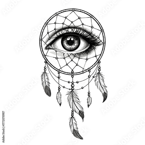 All-Seeing Eye Dreamcatcher Tattoo Design  Symbolic Feather Web Art in Monochrome
