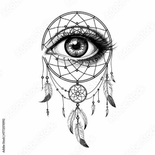 All-Seeing Eye Dreamcatcher Tattoo Design  Symbolic Feather Web Art in Monochrome