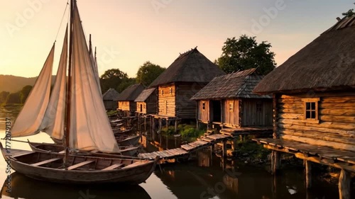 Historical Wooden Settlement by Riverbank with HDR Reflections on Wet Wood and Fabric Sails