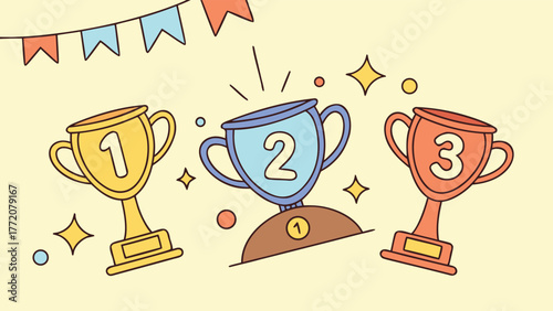 Three winners cups with bunting, first, second, third