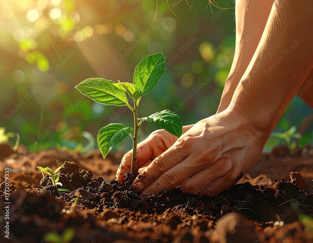 Fototapeta premium hands planting young green seedling in fertile soil