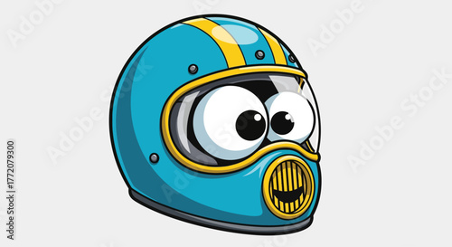 A fun cartoon illustration of a blue and yellow retro motorcycle helmet with big googly eyes.