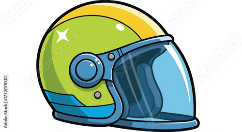 A brightly colored cartoon illustration of a green and yellow helmet with a blue visor.