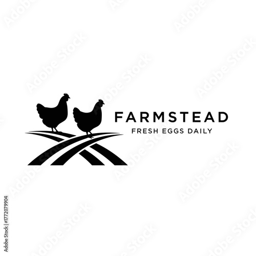 Farmstead Fresh Eggs Daily Logo with Chicken Silhouettes on Fields, symbolizing natural poultry and fresh produce.