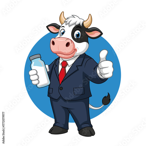 Business Cow Mascot in Suit Holding Milk Bottle and Giving Thumbs Up for Dairy Industry Branding