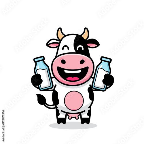 Happy Cartoon Cow Mascot Holding Two Milk Bottles for Dairy Product Advertisement