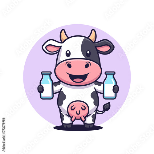 Happy Cartoon Cow Holding Two Milk Bottles in Purple Circle for Wholesome Dairy Advertising