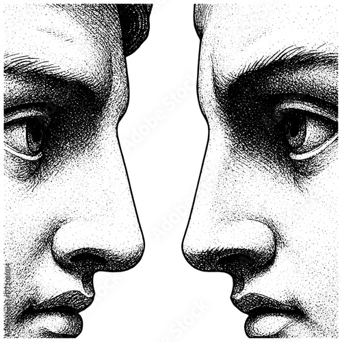 Classical Statue Faces Confrontation, Dual Bust Engraving in Vintage Etching Style, Neo Classic Emotional Conflict Black and White Art