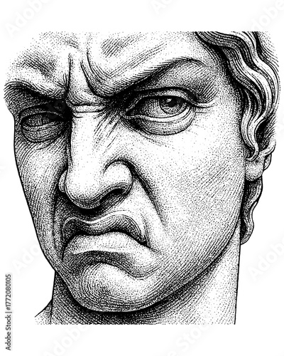Classical Statue Engraving with Disgust Expression, Vintage Etching of Ancient Sculpture Face, Neo Classical Emotional Art in Black and White