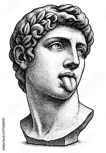 Classical Statue Engraving with Modern Emotion, Vintage Etching of Ancient Bust with Expression, Black and White Neo Classic Fashion Art