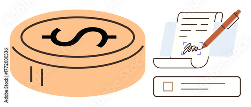 Dollar coin with signing hand and document alongside approval checkbox. Ideal for finance, contracts, payment, investment, legal, business agreements, secure transactions. Simple flat metaphor