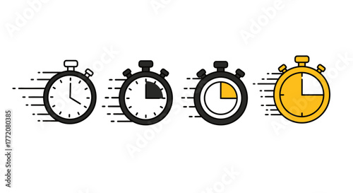 Collection of four stylized stopwatch icons, showcasing different stages of time measurement with a sense of speed and motion.