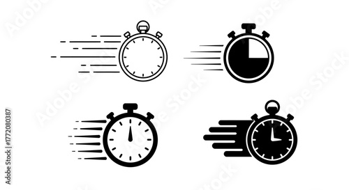 A set of four modern black and white vector stopwatch icons with speed lines, symbolizing efficiency, quick service, and the rapid passage of time.