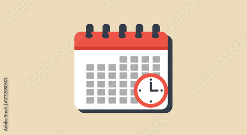 Flat design illustration of a calendar page with a clock icon, symbolizing time management, deadlines, and scheduling for business or personal planning.