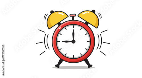 Vibrant vector graphic of a classic red alarm clock with ringing bells, isolated on a transparent background, perfect for time management and deadline concepts.