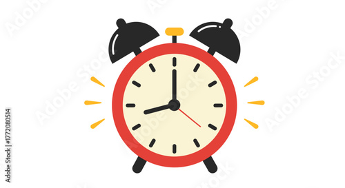 A vibrant red alarm clock with twin bells and a clear face is ringing loudly, depicted in a clean, isolated vector style on a white background.