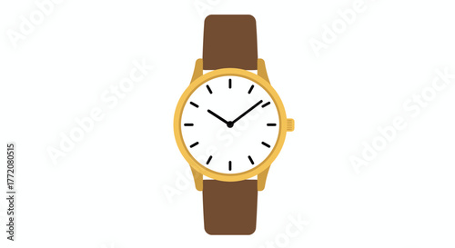 A classic analog wristwatch with a golden case, white dial, and brown leather strap, presented as a clean, isolated vector illustration on a white background.