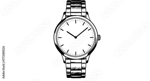 A sleek, minimalist black and white vector illustration of a classic analog wristwatch with a metal band, depicting timeless elegance and precision.