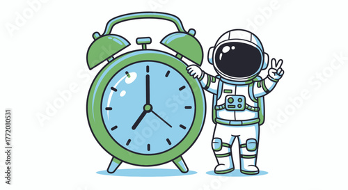A friendly cartoon astronaut in a space suit stands beside a large retro alarm clock, making a peace sign, symbolizing time and exploration.