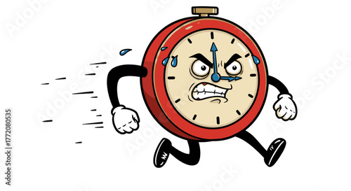 Cartoon alarm clock character running with an angry expression and sweat, symbolizing urgency and time pressure in a dynamic vector illustration.