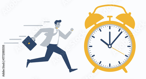 A vector illustration depicts a businessman running late with a briefcase beside a large clock, emphasizing time management and deadlines in a modern style.