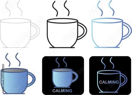 Daily minimalist vector icon set of steaming mugs, ideal for hot drinks, coffee, or tea, conveying warmth, comfort, and relaxation in graphic design