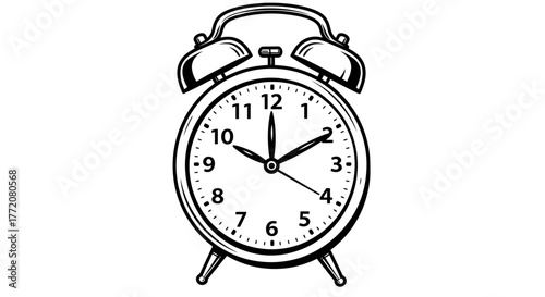 Detailed vector illustration of a classic twin bell alarm clock with a white face and black hands, presented as a transparent PNG for versatile use in designs.