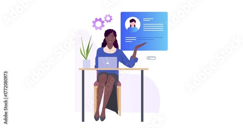 Business management. Moving banner with female HR manager selecting best candidate for vacancy. Hiring and recruiting new employees or workers. Human resources. Flat graphic animated cartoon