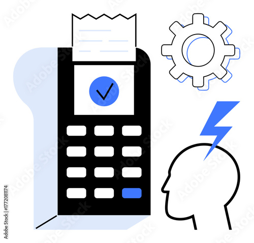 Payment terminal with receipt, gear, head silhouette, and lightning bolt, symbolizing fintech, innovation, reliability, automation transaction financial tech and easy payment. A simple flat