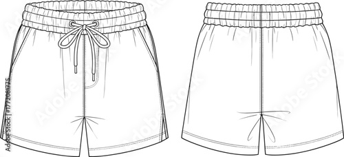 Cad drawing flat vector illustration of casual elastic waist shorts front and back view, fashion design technical template sketch