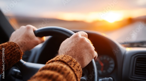 Focused person driving modern car with hands firmly on steering wheel emphasizing safe vehicle operation and road safety.
