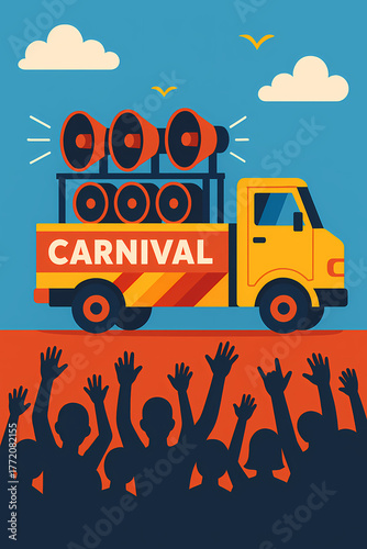 Carnival truck with speakers and cheering crowd