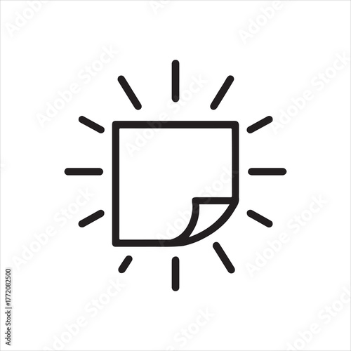 Simple Black and White Icon of Sticky Note with Radiating Lines for Reminder or Important Information