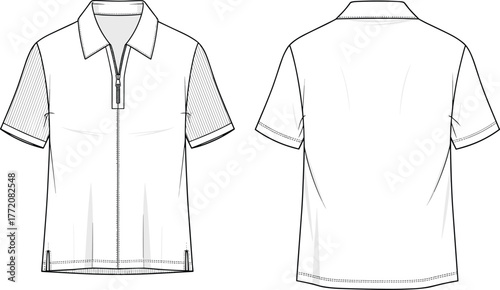 Cad drawing flat vector illustration of men’s short sleeve polo shirt with full front zipper closure, technical fashion design template