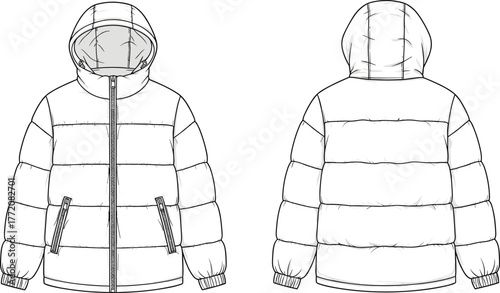 Cad drawing flat vector illustration of winter puffer jacket with hood, zipper pockets, ribbed cuffs, front and back technical sketch