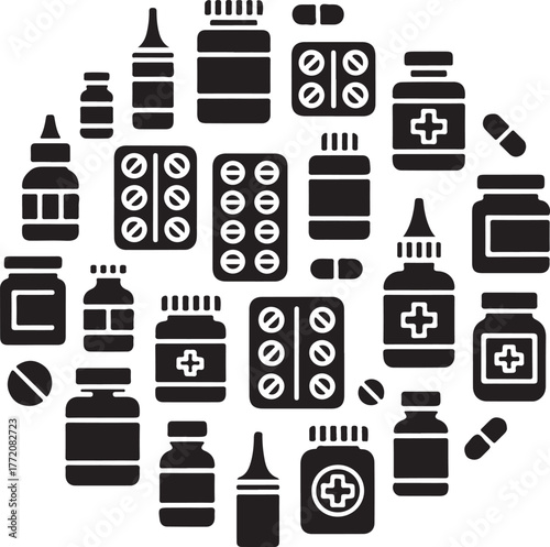 Medicine Bottles and Pills Vector Illustration for Healthcare and Pharmaceutical Industry