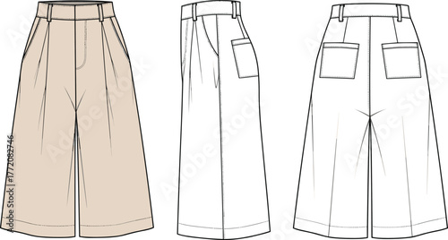 Cad drawing flat vector illustration of wide leg culottes pants, front back side view, fashion technical sketch for apparel design