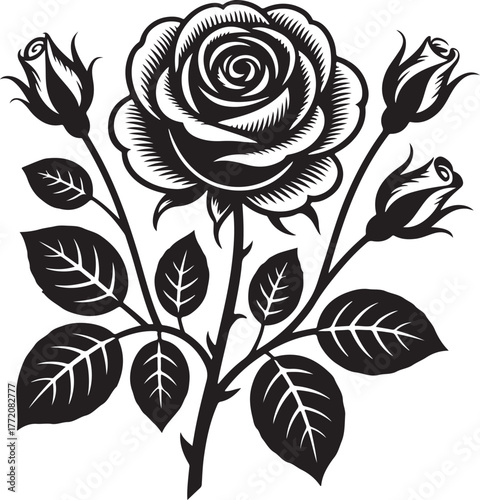 Elegant Rose Illustration with Buds and Leaves on Striped Background Floral Botanical Design