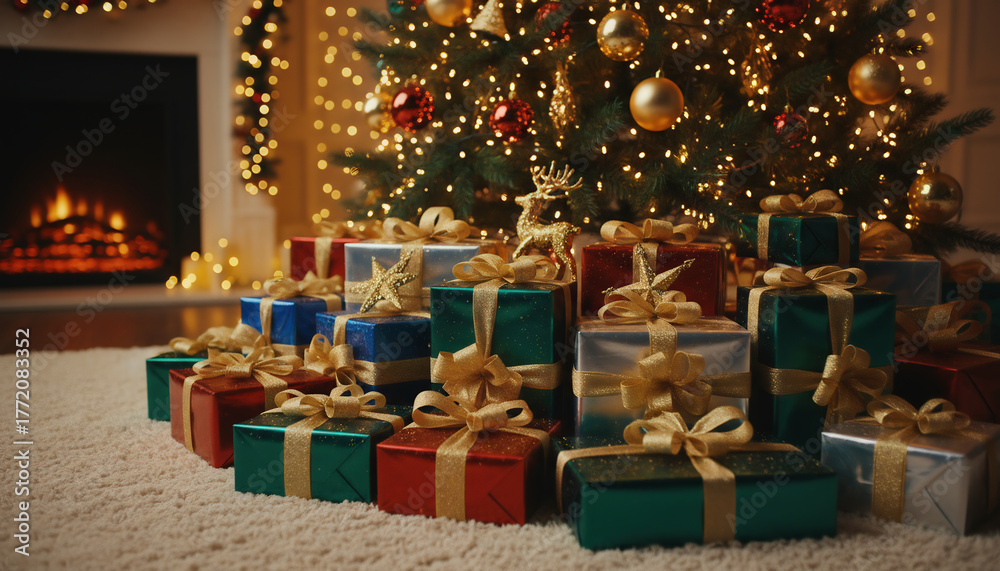 Obraz premium A festive pile of beautifully wrapped Christmas presents sits under a decorated tree beside a glowing fireplace in a cozy holiday home.