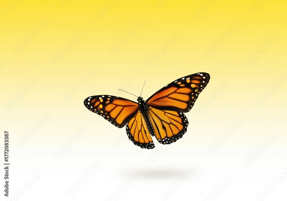 Fototapeta premium Vibrant monarch butterfly flying isolated against a bright yellow gradient background.