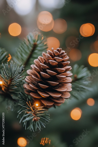 Pine cone on Christmas tree branch with festive lights