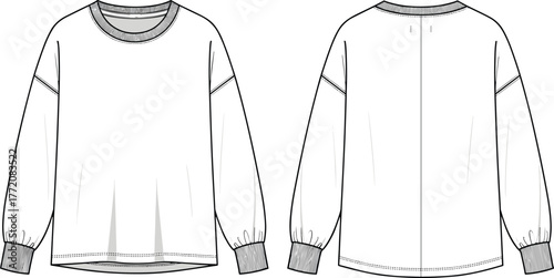 Cad drawing flat vector illustration of women’s oversized sweatshirt, long sleeve top, front and back technical fashion sketch design