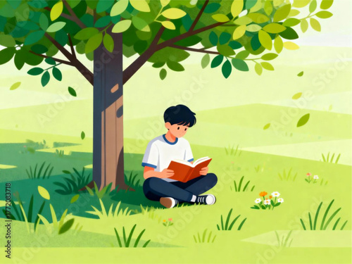 A young boy peacefully reads a book under the shade of a vibrant green tree, enjoying a serene and educational moment amidst falling leaves in a tranquil natural setting