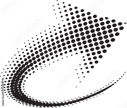 Dynamic black halftone arrow symbolizing growth progress and forward momentum isolated on transparent background
