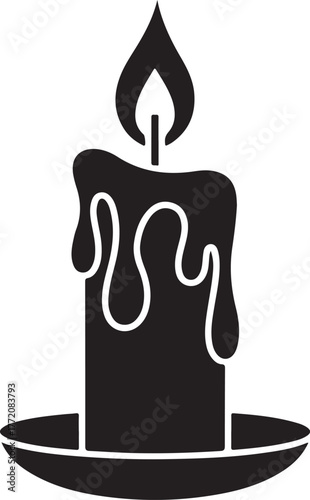 Silhouette of a lit candle with dripping wax on a circular base isolated on transparent background